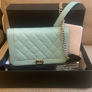 Chanel Boy WOC Tiffany Blue Carviar Leather Crossbody Flap Bag